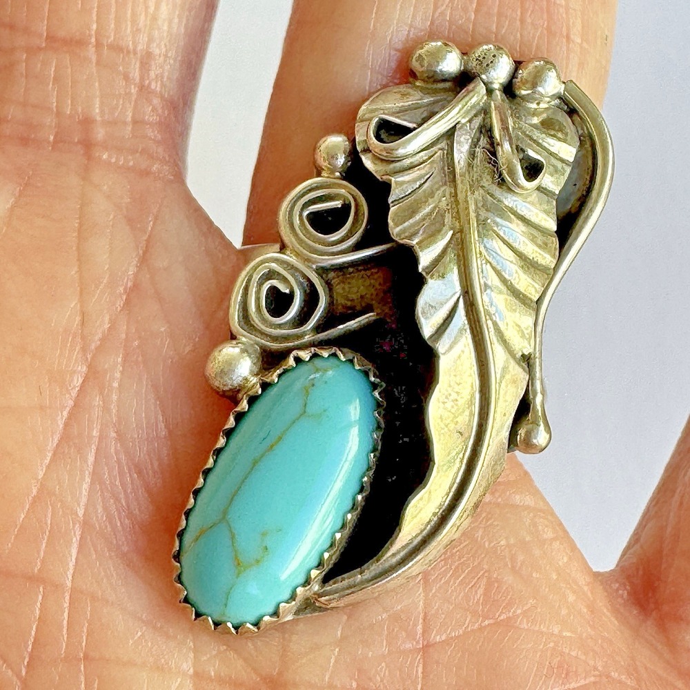 Long Navajo Turquoise Ring Sz 8 Sterling Leaf Feather Signed RM‎ Native Amer